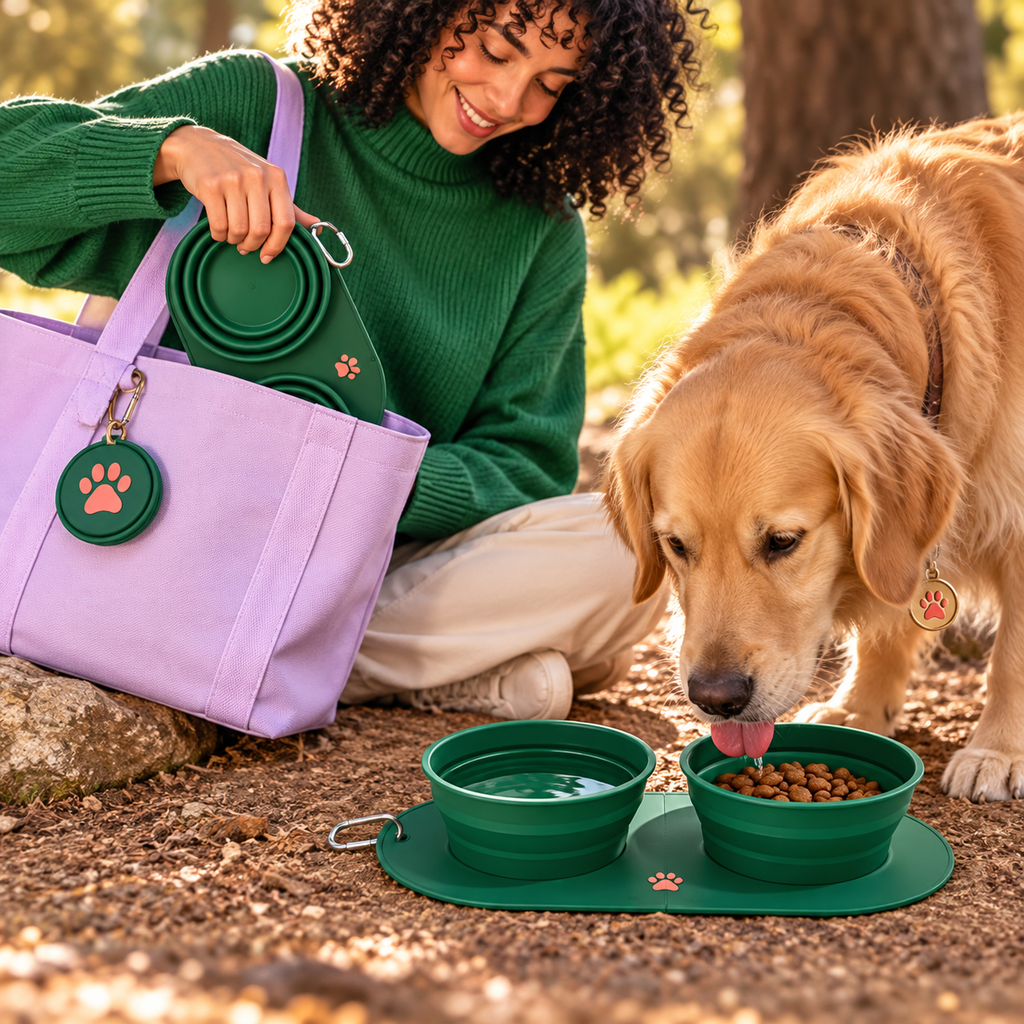 Dog using Zyplan Travel Bowl Duo outdoors