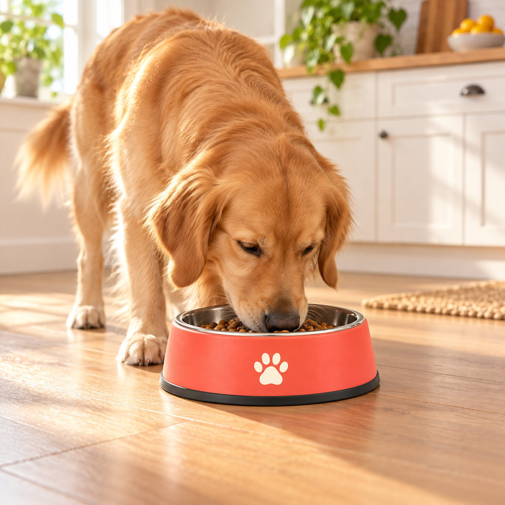 Dog eating from Zyplan Dog Bowl
